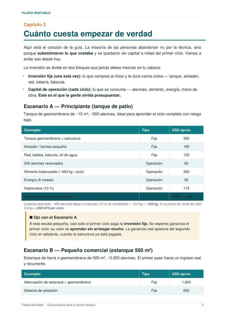 Página interna de la guía con tabla de costos